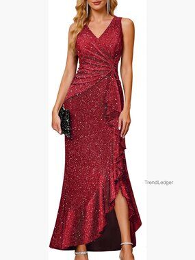 Formal Sequin Midi Dress V-Neck Ruffle Sleeveless Cocktail Party